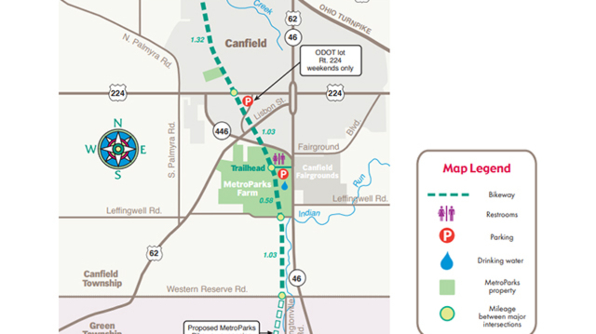This map shows part of the Mill Creek MetroParks Bikeway route, about 6.4 miles of which remains unfinished in Mahoning County, pending the outcome of several ongoing eminent domain lawsuits.