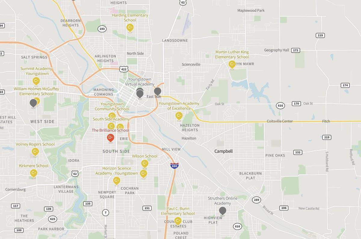 This map displays the grades for the schools ranked 26 to 49 in the Youngstown area, according to Niche.com.