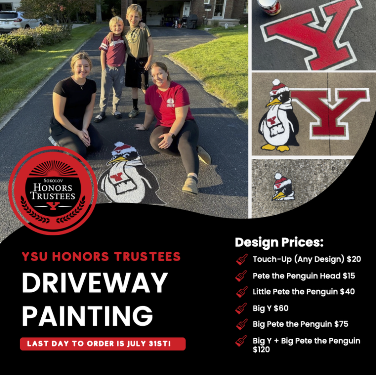 Show your Penguin Pride right at home. The Honors Trustees will be painting driveways July 8 through August 30.&nbsp;
