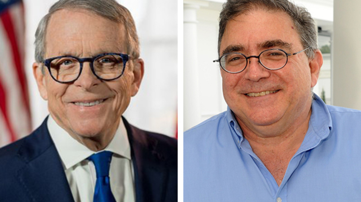 Ohio Gov. Mike DeWine (left) and Jack Kravitz, owner of Kravitz Deli in Liberty (right)