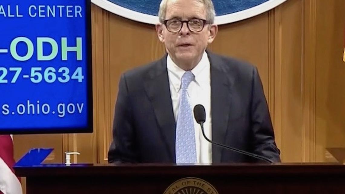 Gov. Mike DeWine during the state update on Thursday, April 16, 2020.