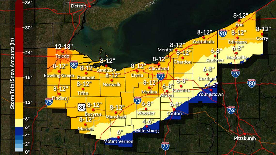 This graphic produced Tuesday, Feb. 1, 2022 shows the total snow accumulation expected in Northern Ohio from Winter Storm Landon.