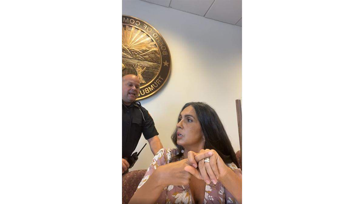 Shown here is a screen capture from a Facebook livestream of the Trumbull County Board of Commissioners meeting from July 7, 2022, during which Commissioner Niki Frenchko was arrested by a sheriff’s deputy on charges of disrupting a public meeting.
