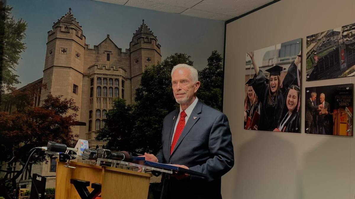 New Youngstown State University president Bill Johnson speaks during a press conference announcing him as the new leader of the school.