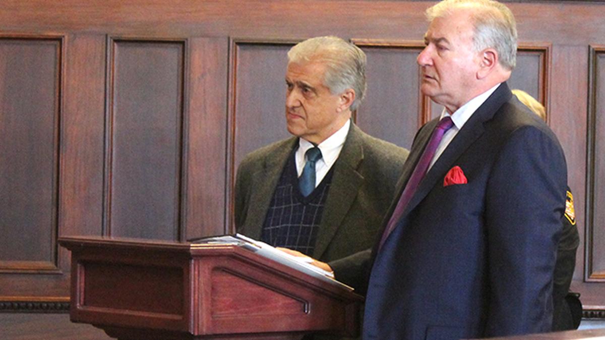 Former Youngstown mayor Charles Sammarone, left, and his attorney John Shultz of Youngstown listen to Mahoning County Common Pleas Court Judge Maureen Sweeney during Sammarone's plea and sentencing Monday, March 16, 2020 on two felony counts ultimately unrelated to Sammarone's August 2018 public corruption indictment. (Justin Dennis | Mahoning Matters)