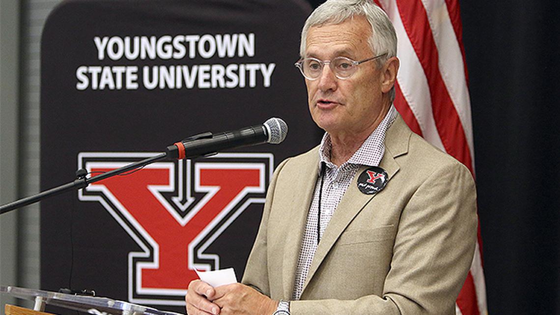 Youngstown State University President Jim Tressel speaks about the university’s new Excellence Training Center. A ribbon-cutting ceremony was held for the center Monday. (Photo by Robert K. Yosay | Mahoning Matters)