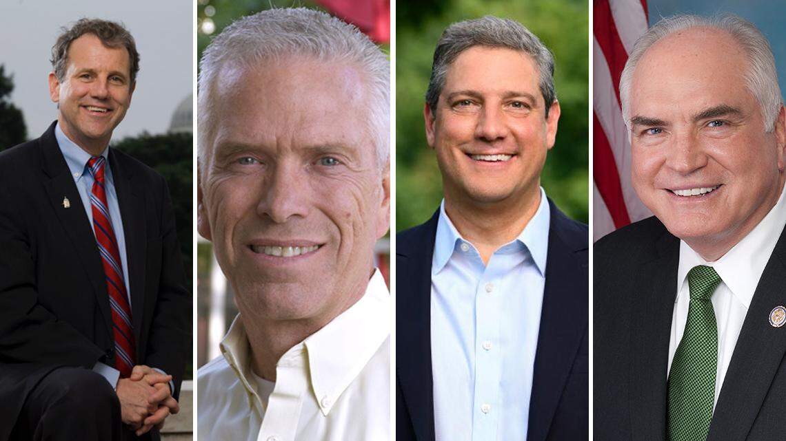 From left to right: Ohio’s U.S. Sen. Sherrod Brown of Cleveland, D-Ohio; U.S. Rep. Bill Johnson of Marietta, R-6th; U.S. Rep. Tim Ryan of Howland, D-13th; and Pennsylvania’s U.S. Rep. Mike Kelly of Butler, R-16th.