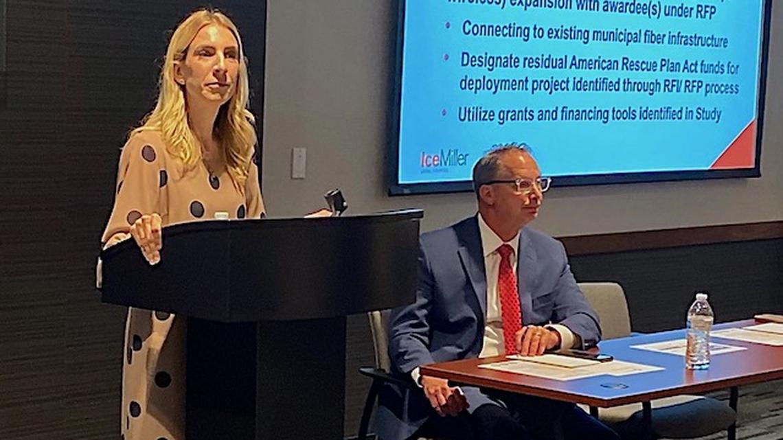 Lindsay Miller, attorney at Ice Miller LLP and Jim Kinnick, CEO of Eastgate Regional Council of Governments, discussed the new broadband plan on Tuesday, June 29, 2021. (Jess Hardin | Mahoning Matters)