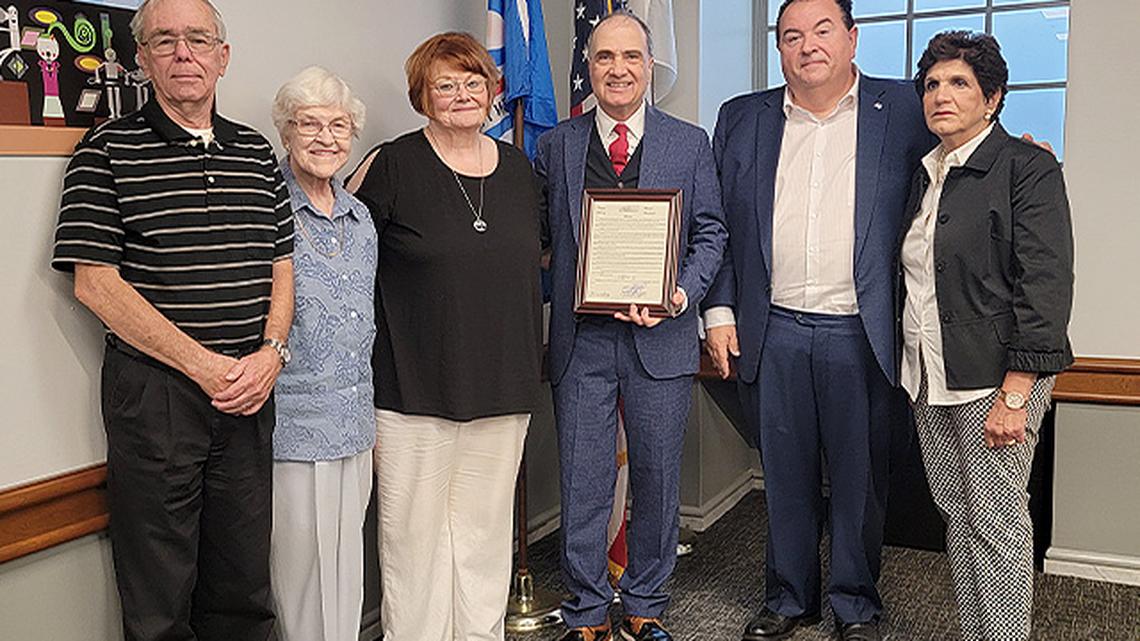 Mahoning County commissioners issued a proclamation at the Mahoning County Courthouse on Thursday to honor the William Holmes McGuffey Historical Society's 60th anniversary. From left, Tom Eckley, William Holmes McGuffey Historical Society president and treasurer; Margaret Grace, WHMHS secretary; Shirley Eckley, WHMHS president and McGuffey descendant; Richard Scarsella, WHMHS board chairman; and Mahoning County commissioners Anthony Traficanti and Carol Rimedeio-Righetti. (Contributed photo)