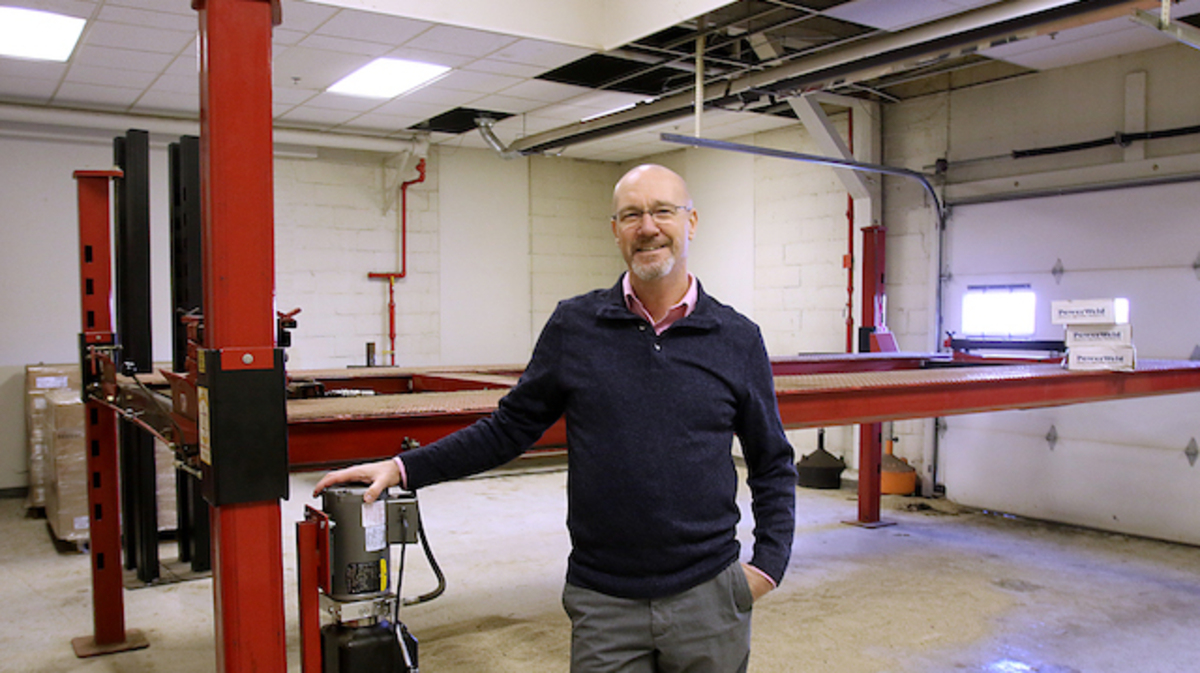 John Whalen COO of Steel Valley Lifts and also known as Backyard Buddy - works out of 140 Dana St in Warren. The company has just installed a new powder coat machine to paint all the steel lifts made with American steel. Photo by Bob Yosay