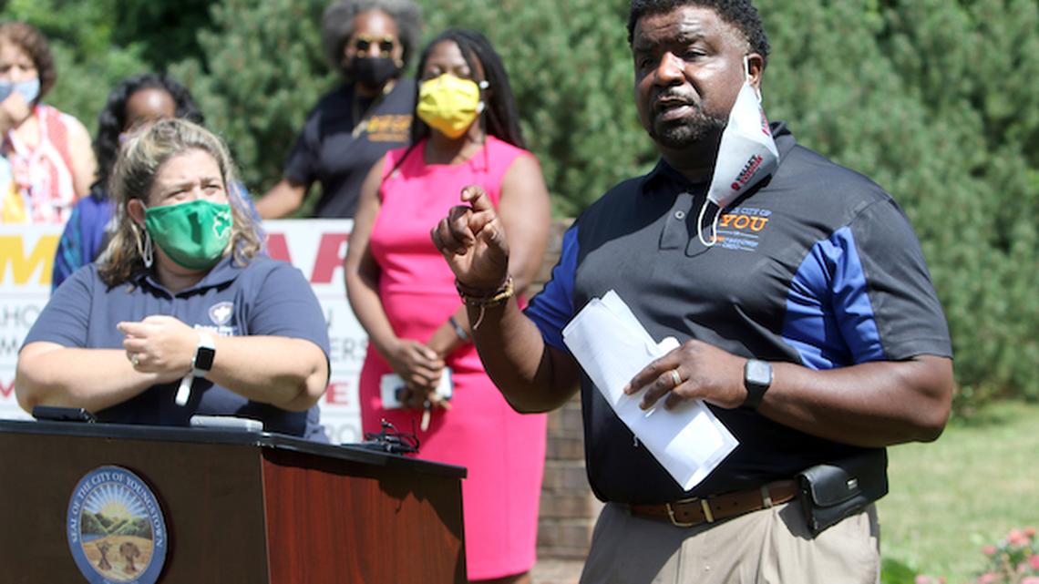 Mayor Jamael Tito Brown on the lawn at MYCAP on the cityâs near Northside,annouced the masks must be worn in the city. He said the Health Dept and  YPD will be the enforcement.Mayor Tito Brown and Erin Bishop Health commissioner.