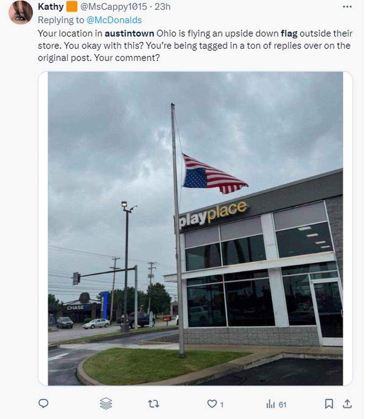 upside down flag at Austintown McDonald’s