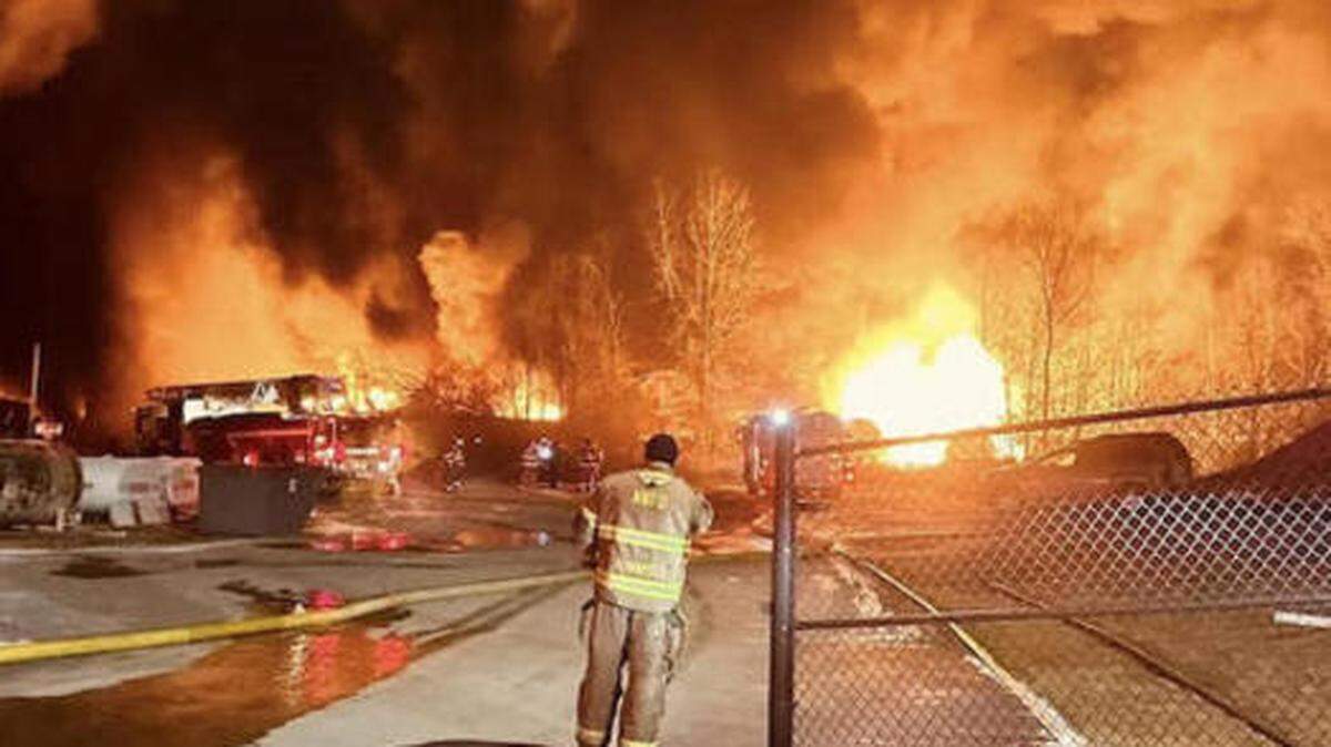 Train cars containing hazardous chemicals burned after a Feb. 3 derailment in East Palestine, Ohio.