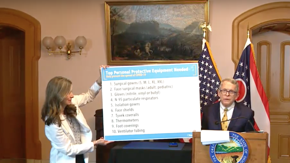 Gov. Mike DeWine and Dr. Amy Acton display their list of "top 10" medical items they are asking the public to donate or make. 