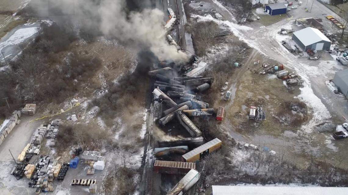 Aerial view of the train derailment wreckage in East Palestine. ()