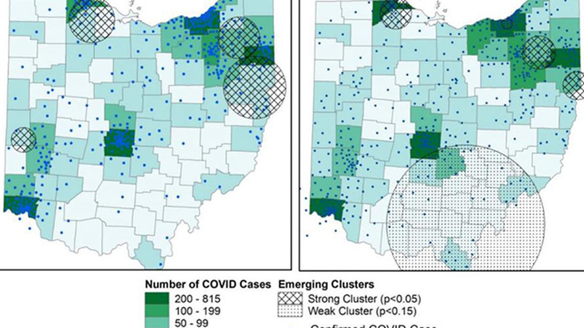 Shown here is a state map released Tuesday of "strong" and "weak" emerging clusters across the state reported between March 29 and April 3. (Ohio Department of Health)