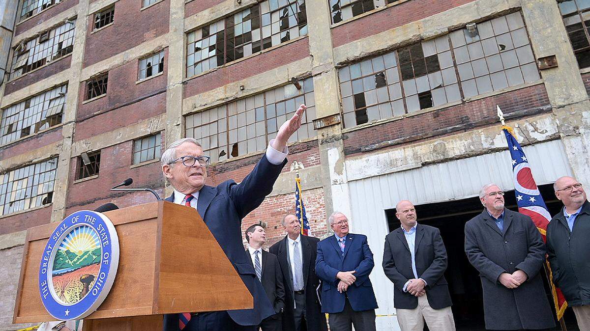 Gov. Mike DeWine announced Ohio Brownfield Remediation Program grant awards Tuesday at the vacant Westinghouse Electric Products buildings in Mansfield.
