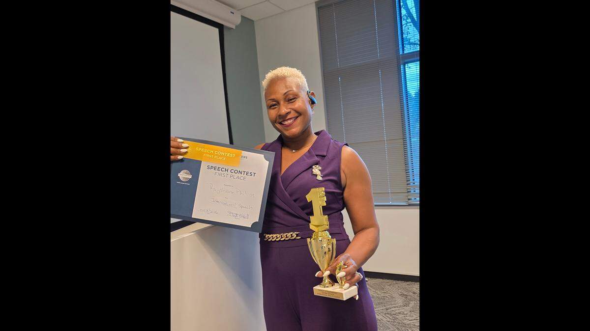 Rayshone Phillips, President of Executive 408 Toastmasters Youngstown, secured first place at the division-level International Speech Contest on April 18 in Mayfield Heights.