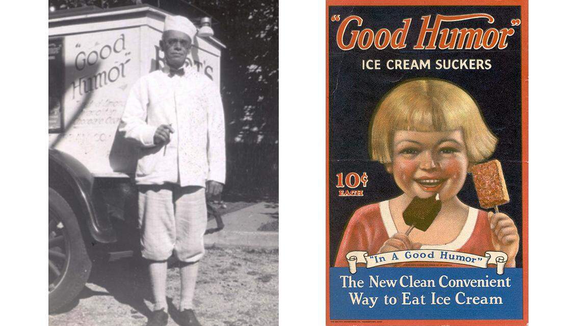 A photo of a vintage Good Humor ice cream truck and a vintage Good Humor ice cream sucker logo.