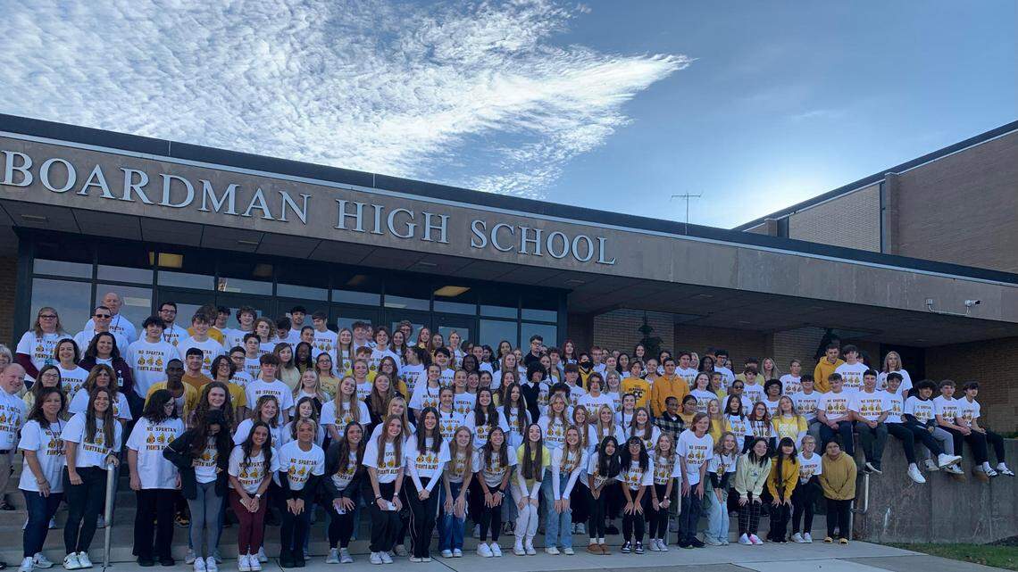 Boardman High School students wore their “No Spartan Fights Alone” shirts to school to support their classmate Alex Perry. The BHS sophomore is battling bone cancer.
