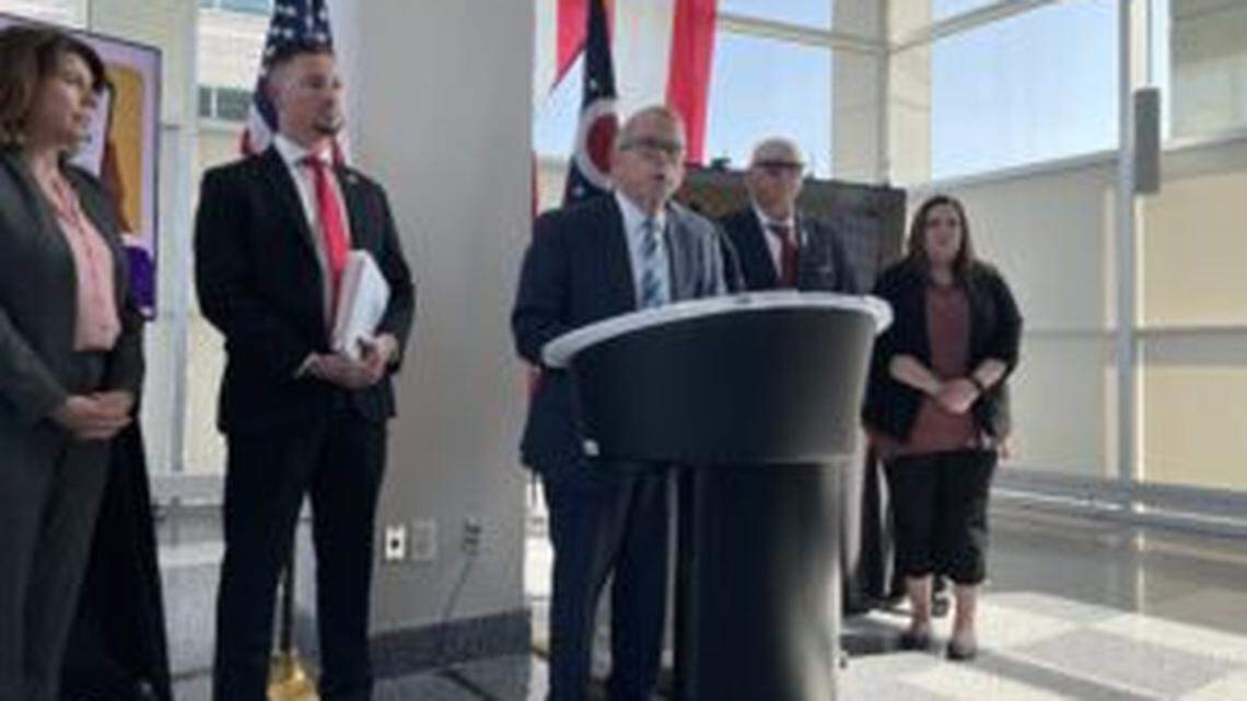  Gov. Mike DeWine addresses reporters June 13, 2021 before signing House Bill 99. The legislation allows local school boards to authorize their teachers to carry guns in the classroom. 