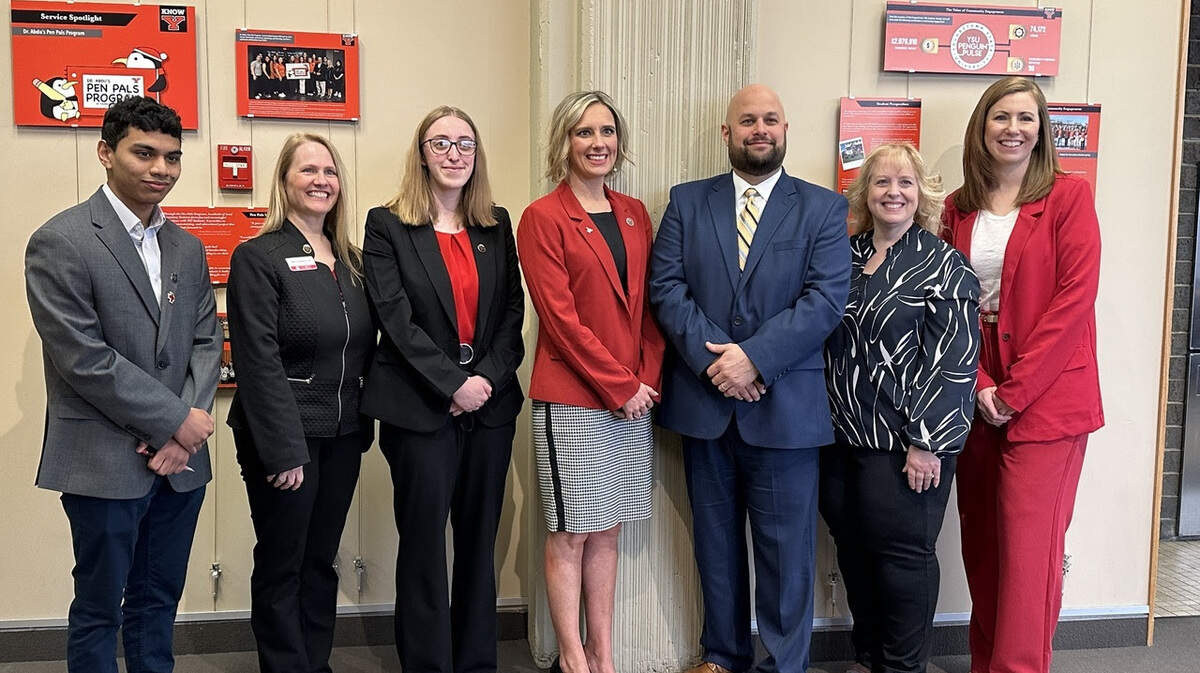 (left to right) Avinab De, YSU honors student; Amy Cossentino, associate provost for Strategy and Engagement and dean of Sokolov Honors College; Julie Centofanti, YSU honors student; State Rep. Monica Robb Blasdel, Representing Ohio’s 79th House District; Ralph Rivera, chief of Criminal Division, Mahoning County Prosecutor’s Office; Amy Weaver, associate professor at YSU; and Roxann Sebest, vice-president, United Way of Youngstown and Mahoning County