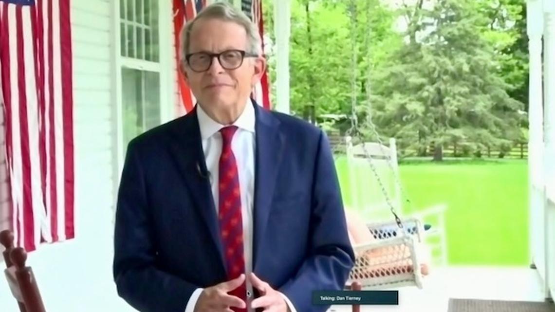 Gov. Mike DeWine from his Cedarville home answering reporters questions after his positive COVID-19 test on Thursday, Aug. 6, 2020. 
