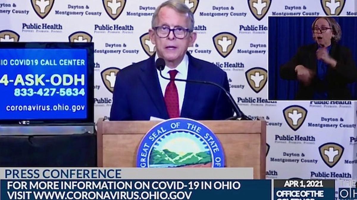 Gov. Mike DeWine during the state coronavirus update on Thursday, April 1, 2021. 