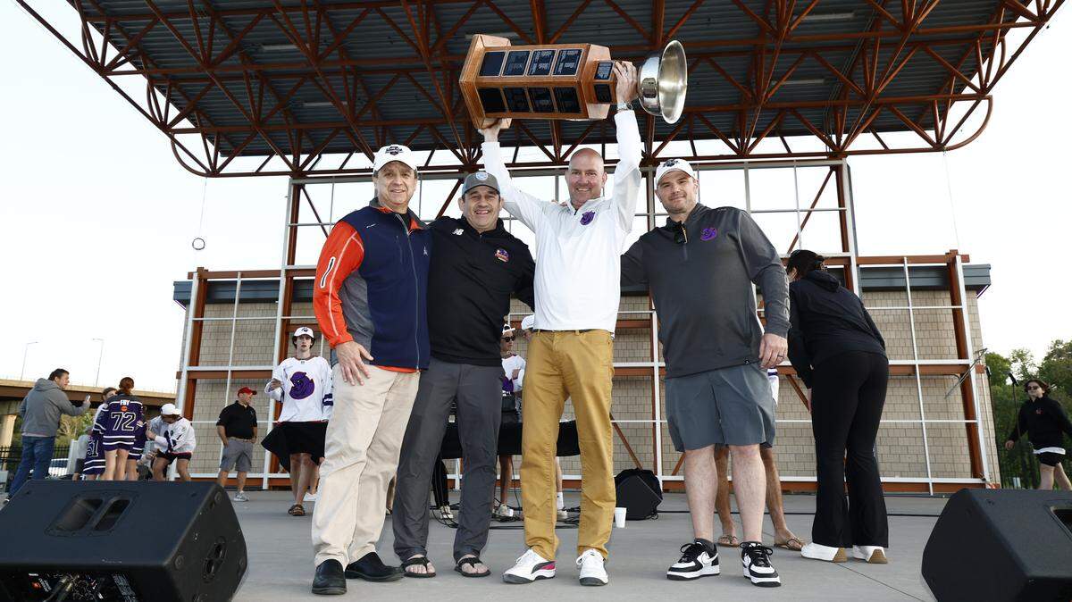 From left, Murray Gunty, Ryan Kosecki, Andrew Goldman and Jason Deskins are shown at the Youngstown Phantoms victory celebration