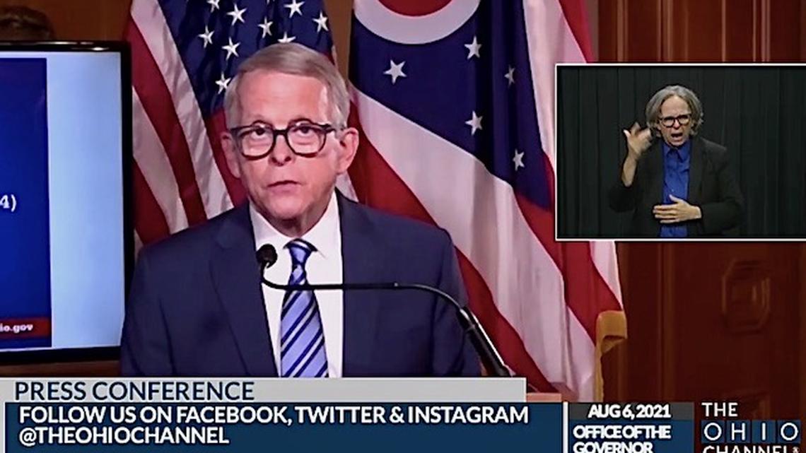 Gov. Mike DeWine during his state coronavirus update on Friday, Aug. 6, 2021.
