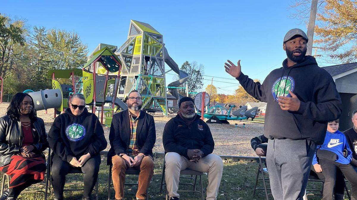 Clemate Franklin, executive director of the city of Youngstown’s Parks and Recreation Department, unveiled new equipment at MVSD Park.