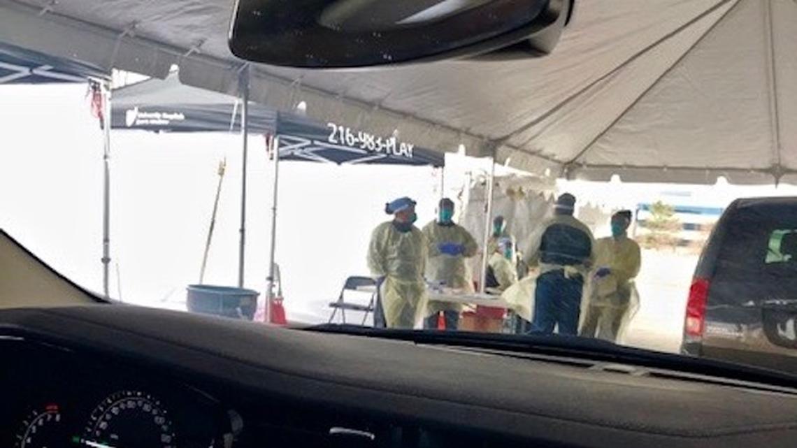 At the Cleveland Clinic/University drive-thru COVID-19 screening area in Mayfield Heights last week, the testing team "wore yellow suits and hoods and were covered from head to toe," a Valley man said, describing his experience. (Photo provided)

