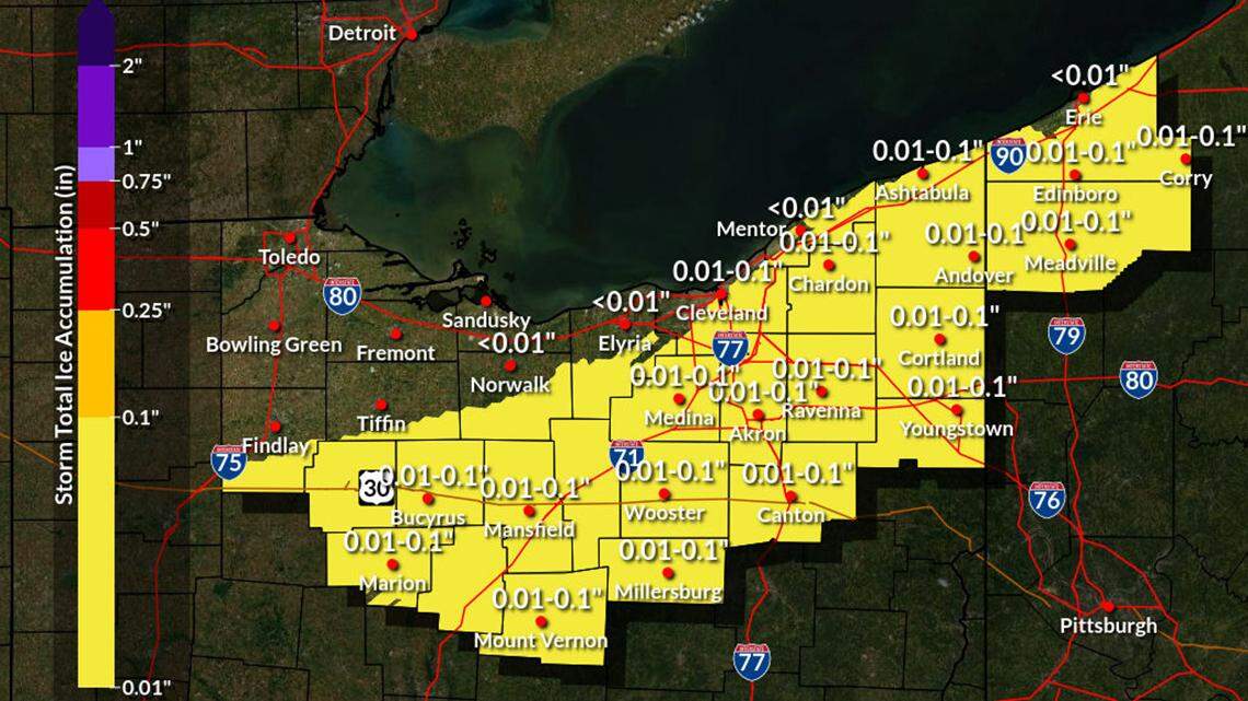 This graphic produced Tuesday, Feb. 1, 2022, shows the total ice accumulation expected in Northern Ohio from Winter Storm Landon.