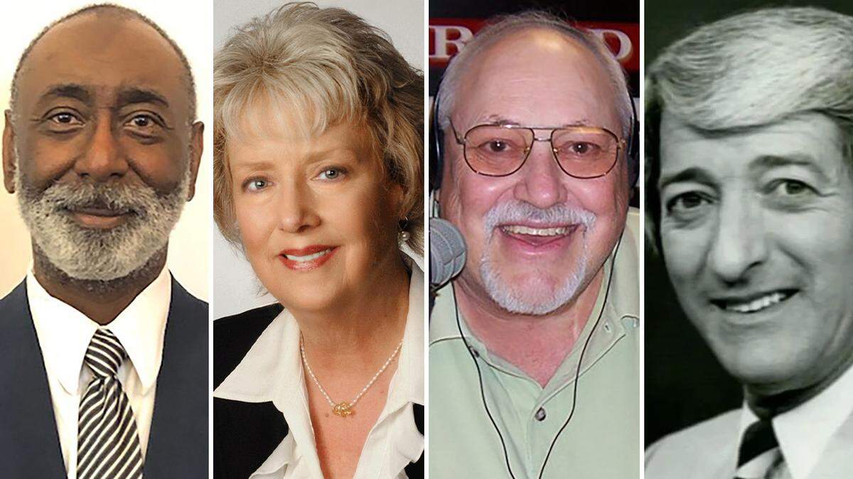 The Youngstown Press Club’s 2022 Hall of Fame class includes, from left, Ernie Brown, a former regional editor at The Vindicator; Andrea Wood, co-founder of The Business Journal; late WKBN broadcaster Peter Gabriel; and late WKBN-TV anchor Tom Holden.