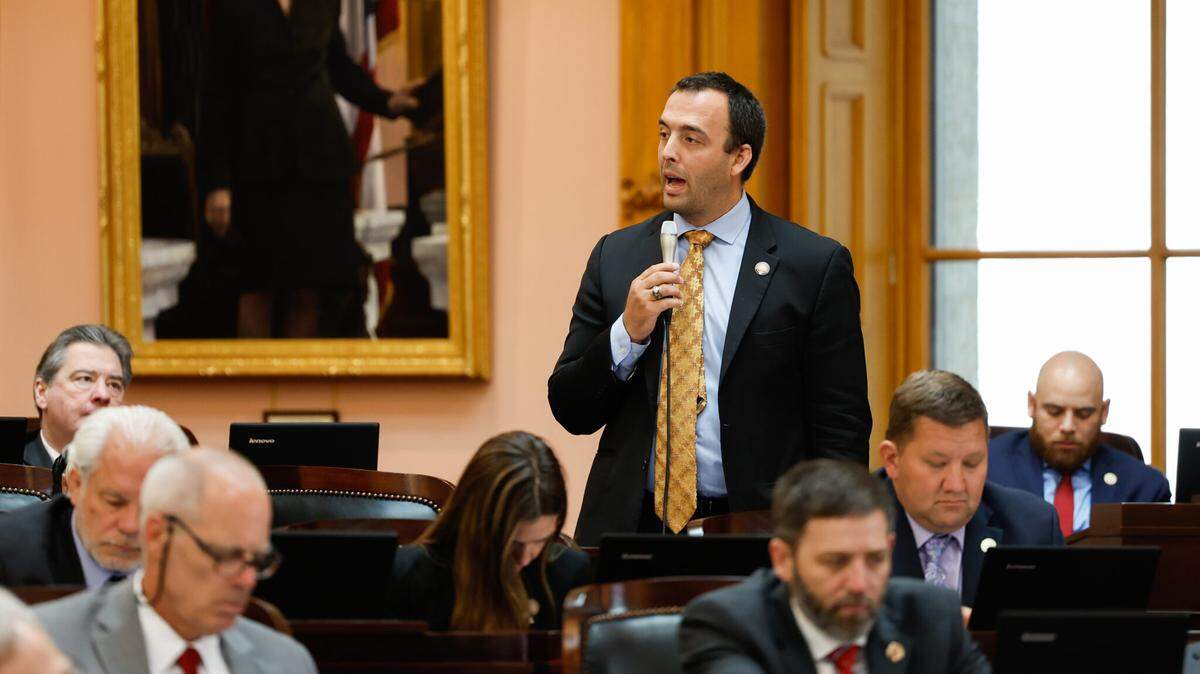 State Rep. Adam Mathews, R-Lebanon, speaks during the Ohio House session at the Statehouse in Columbus, Ohio.