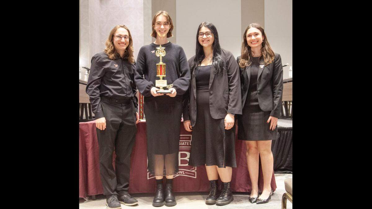 The team, comprised of members Brandon Tabak, junior, Philosophy and Political Science; Jordan Pintar, senior, Philosophy; Sofia Myers, junior, Political Science and Communications; and Peyton Hodge, junior, Political Science and Anthropology competed against 35 other top teams in the nation, ultimately claiming fourth place in the semifinal tiebreaker.