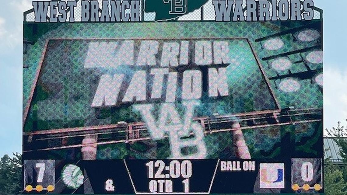 The new scoreboard at West Branch’s Clinton Heacock Stadium provides the ability to show videos, feature sponsors and more. The scoreboard was purchased through donations from the program’s supporters. (West Branch Schools)