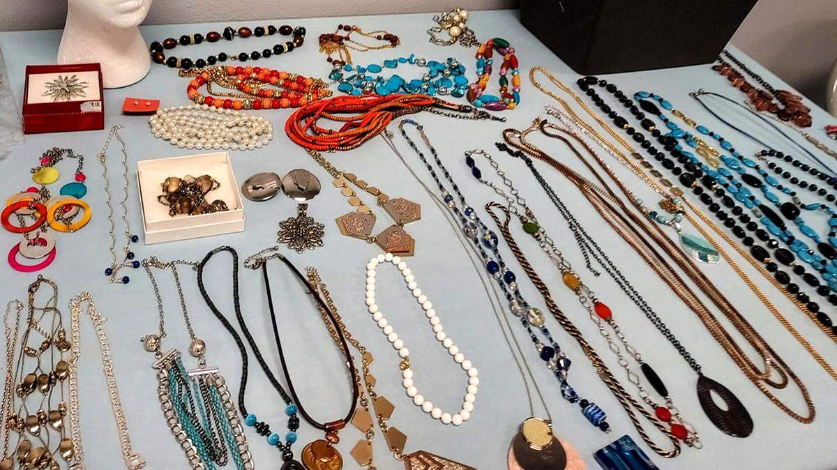 Shown here is a selection of gently used necklaces and other jewelry available for free from Ruth’s Boutique, a monthly community closet operated by Thrive 10:10 at Girard First United Methodist Church, 22 N. Market St., Girard.