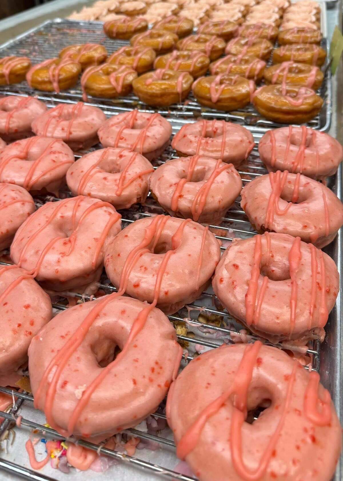 Strawberry doughnuts are the featured sellers of June. Flavors include strawberry iced, strawberry lemon, strawberry cream cheese and strawberry glazed.