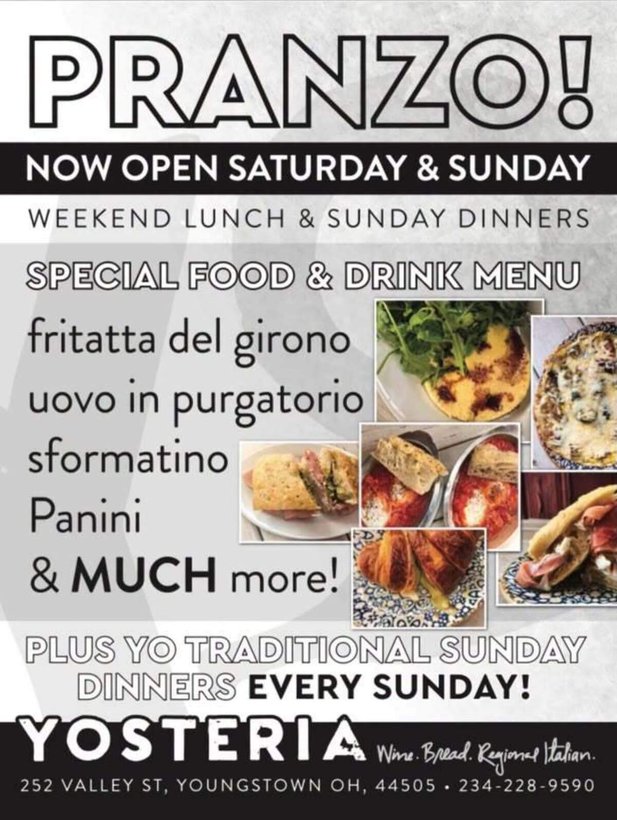 YOSTERIA is now open for lunch on weekends at 11 a.m., and on Sundays, the restaurant will feature traditional Sunday dinners.