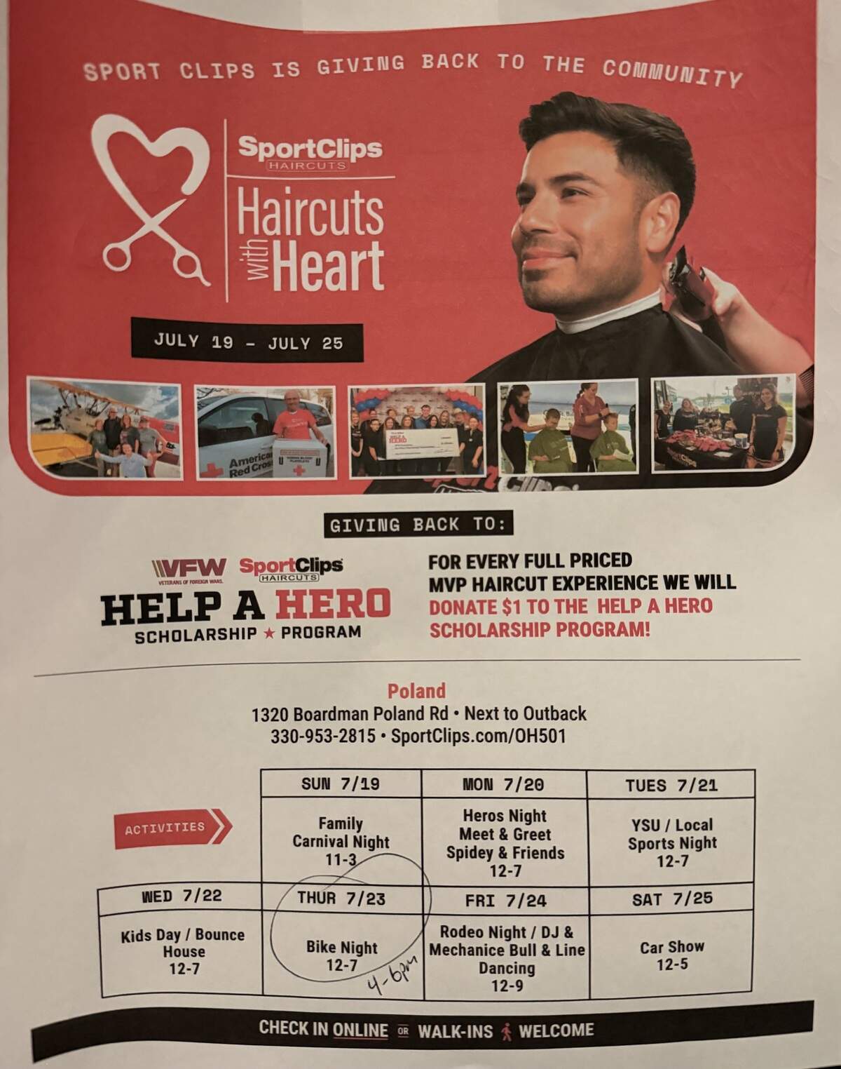 The event calendar for Sport Clips Poland’s Haircuts with Heart fundraiser includes family carnival night, kids day and a car show, among other activities.
